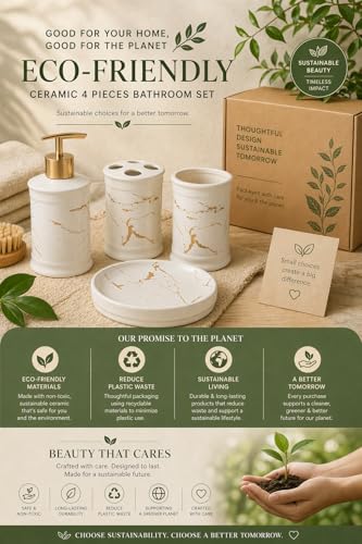 Image of Whizzo Ceramic Bathroom Set - Italian 4 Piece Bath Accessories Set with Soap Dispenser, Toothbrush Holder, Tumbler & Soap Dish - Modern & Designer Decor for Home & Guest Bathrooms (BS-822-White)