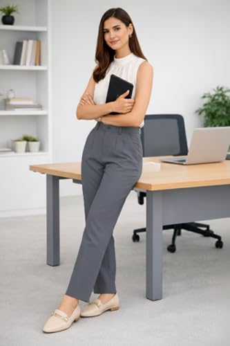 Image of Women's Formal Trousers | Stretch & Regular Fabric Options | Straight Fit Office Wear Pants with Pockets | Casual Trouser for Womens