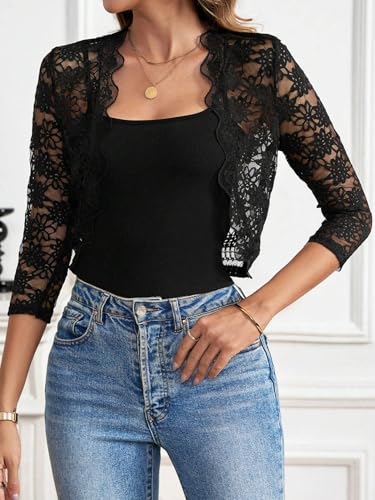 Urchics Womens Open Front Lace Shrug Top 3/4 Sleeve Cropped Cardigan Elegant Jacket Bolero Shrugs Black Lace XL3