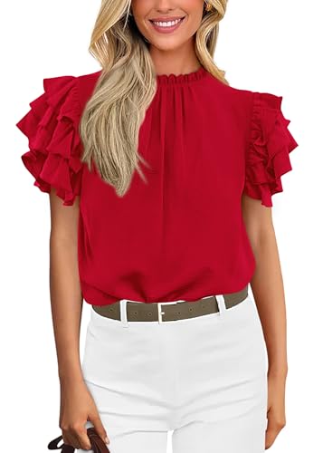 KIRUNDO Womens Blouse 2025 Spring Summer Dressy Casual Ruffle Short Sleeve Frill Mock Neck Work Shirt Tops Fashion Clothing
