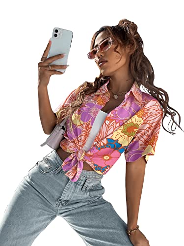 Sweatyrocks Women's Short Sleeve Cute Print Button Down Shirt Tops Pink Floral M #TOP2