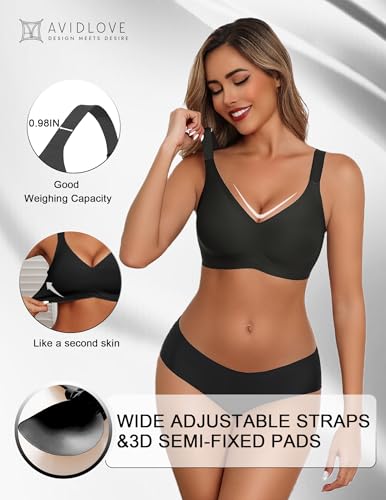 Image of Avidlove Bras for Women Seamless Bra Full Coverage T Shirt Bralettes V Neck Wireless Bra Comfortable Brassiere