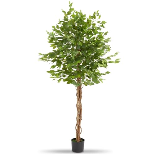 tectake® Albero di Ficus Artificiale, Foglie Realistiche, Vaso in Plastica,