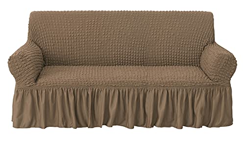 Image of House of Quirk Turkish Bubble Frill Five Seater 3 + 1 + 1 Sofa Slipcovers 280 GSM, Durable Washable Universal Triple Seater High Elastic Furniture Protector (Light Brown)