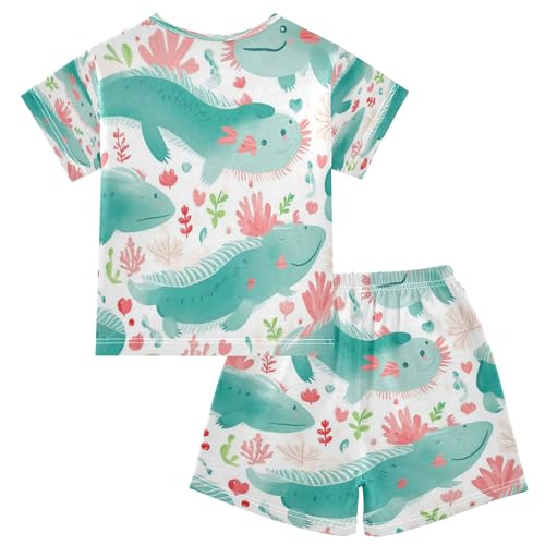 Pajama Sets Short Sleeve Axolotl Creatures with Plants Soft Cotton Summer Sleepwear 2 Piece PJS Size 5-14T2