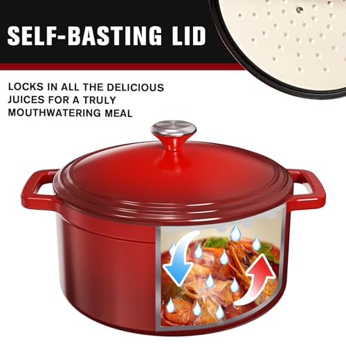 MEIGUI 7QT Cast Iron Dutch Oven, Enameled Non-Stick Dutch Oven, Round Dutch Oven Pot with Lid, Pre-Seasoned Large Dutch Oven Liners, for Sourdough Bread Baking, Braising, Soups, Family Sharing, Red - Thumbnail 3