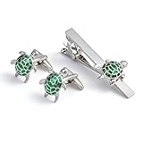 QINGANRAN Silver Turtle Cufflinks and Tie Clip Set for Men Green Enamel Tortoise Design Men's Fashion Accessory