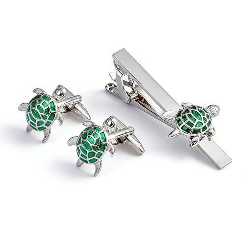 QINGANRAN Silver Turtle Cufflinks and Tie Clip Set for Men Green Enamel Tortoise Design Men's Fashion Accessory