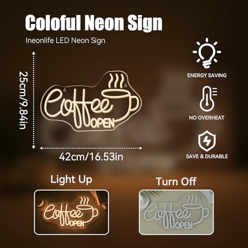 Image of Ineonlife Coffee Open Neon Sign Light Up for Wall Decor Modern Led Sign for coffee bar Small Acrylic Art Decor for cafe business restaurant club party man cave Decorations 16.53x9.84 inch USB POWER