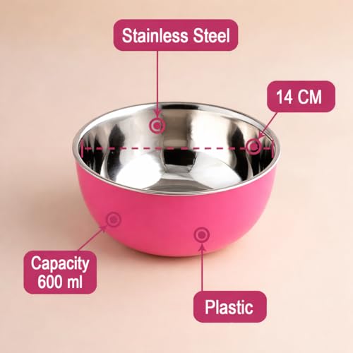 Image of Zaib Stainless Steel Microsafe Serving Bowl - 600ml Insulated Snack & Dessert Bowl (14 cm) (Pink)