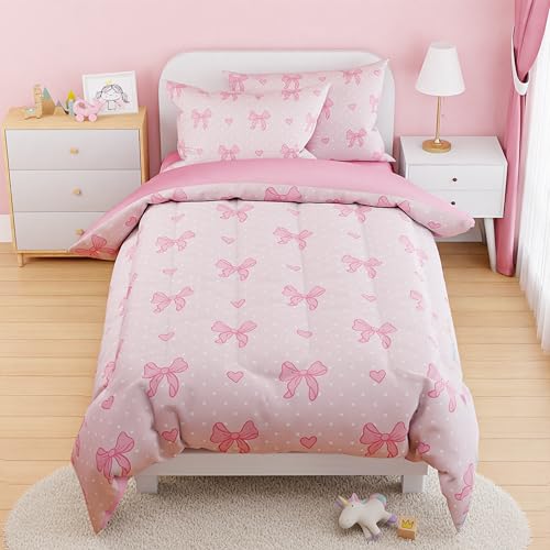 Image of SANDJEST Bow Comforter Set Full Size 98x86in for Kids Girls, Microfiber 4 Pcs Bedding Set Includes 1 Comforter, 2 Pillowcases, 1 Fitted Sheet, Nursery Room Decor