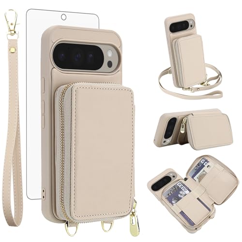 Protection Google Pixel 9 portefeuille beige avec verre trempé et fentes porte-cartes