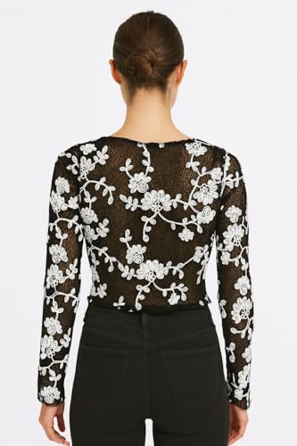 Image of ICW Women Long-Sleeves Boat Neck Transparent Mesh Sheer Floral Embroidery Crop Top T-Shirt DN648