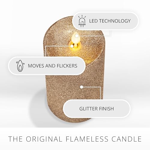 Image of Luminara Realistic Artificial Flame Gold Glitter Pillar Candle - Moving Flame LED Battery Operated Lights - Unscented - Remote Ready - Remote Sold Separately - 3 inch x 6.5 inch