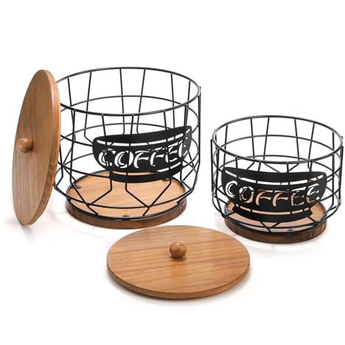 yarlung Set of 2 Coffee Pod Holder with Lid, Large Capacity K Cup Holder with Rustic Wooden Base, Black Wire Coffee Storage Basket for Filters Capsules, Cafe Bar Organizer
