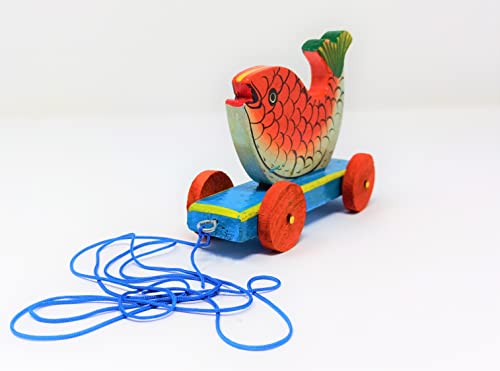 Image of A&A Kreative Box Wooden Pull Along Toy Encourage Walking, Build Gross Motor Skills and Hand-Eye Coordination Handcrafted by Indian Artisans for Kids Toddlers (Fish)