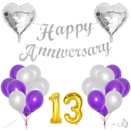 Image of Flyloons 13th Happy Anniversary Decoration Items Purple for Men Women Husband Wife Mom Dad Parent Couple Home Bedroom Car With 20 Pcs Metallic Balloons Anniversary Banner 2 Pcs Heart Set Kit