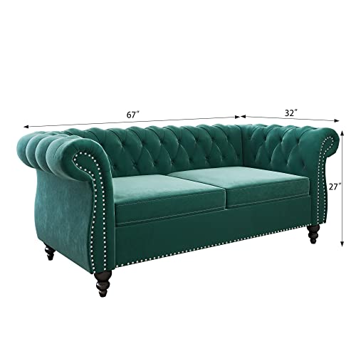 Image of Chesterfield Loveseat, Modern Velvet Sofa Tufted Couch 2 Seater with Scroll Arms and Nailhead for Living Room, Bedroom, Office, Apartment (Green)