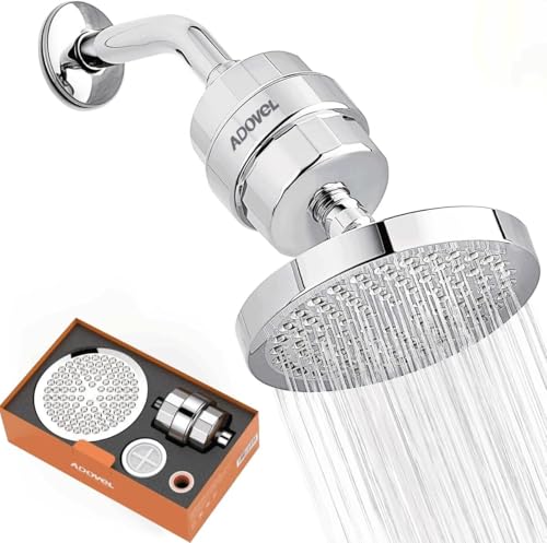 Image of ADOVEL High Output Shower Head and Hard Water Filter, 15 Stage Shower Filter Removes Chlorine & Harmful Substances, Water Softener Showerhead for Bathroom, Rain Shower, 1 Replaceable Filter Cartridge