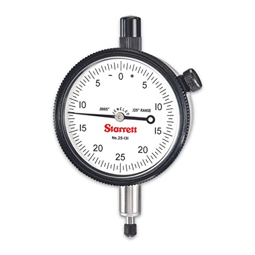 Starrett 25 Series Dial Indicator with Jewel Bearings and Lug-On-Center Back - White Face, 0-.125" Range, 0-25-0 Balanced Dial, .0005" Graduations - 25-131J