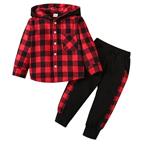 ODASIRA Toddler Baby Boy Clothes Plaid Pocket Hoodie Sweatshirt + Long Sleeve Pants Outfits Set 18-24 Months 100cm, Red Cover