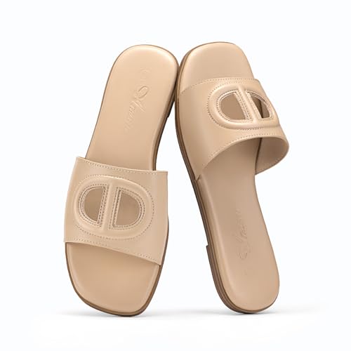 Athlefit Flat Sandals for Women Nude Square Open Toe Comfortable Slip On Beach Summer Slide Sandals Size 9 — view 6