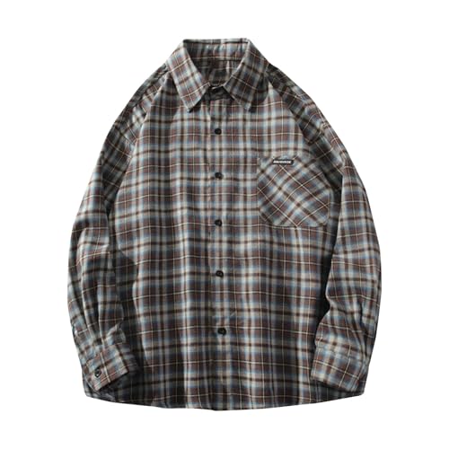 Sinzelimin Men's Shirts Jacket Vintage Plaid Printed Long Sleeves Button Down Lapel Blouse Tops Big Tall Boys Blouse & Shirt Coffee Large