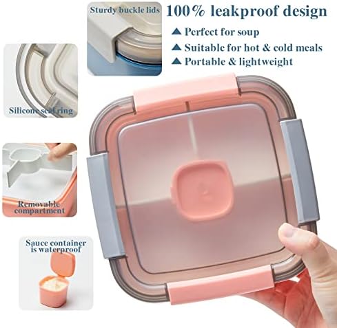 Salad Lunch Container,3 Pack Salad Container,52Oz&38Oz Bento Box,Leak Proof Lunch Container,Lunch Box Salad Bowl with 3-Compartment Bento-Style Tray Built-in 1-Sauce Container+1-Reusable Fork,BPA-Free