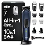 Braun All-In-One Trimmer-Set 7, 10-in-1 Multigroom, Barttrimmer, Nasenhaartrimmer, Haarschneidemaschine für Gesicht, Kopf und Körper, 100 Min. Akku, 14 Längen (3–21 mm), Wasserdicht, MGK7410, Blau