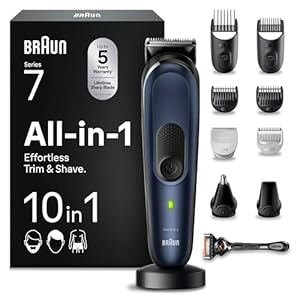 Braun All-In-One Trimmer-Set 7, 10-in-1 Multigroom, Barttrimmer, Nasenhaartrimmer, Haarschneidemaschine für Gesicht, Kopf und Körper, 100 Min. Akku, 14 Längen (3–21 mm), Wasserdicht, MGK7410, Blau