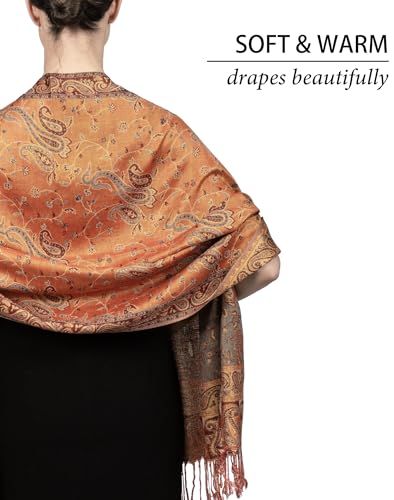 Achillea Soft Silky Reversible Paisley Pashmina Shawl Wrap Scarf w/Fringes (Orange)