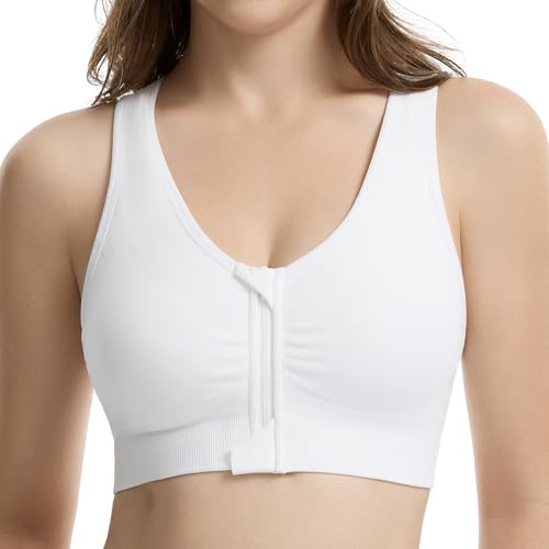 Image of Lemef Zip Front Closure Sports Bras for Women High Impack Wireless Post Surgery Bra Post Op Compression Bras Racerback Yoga Workout Bra White M