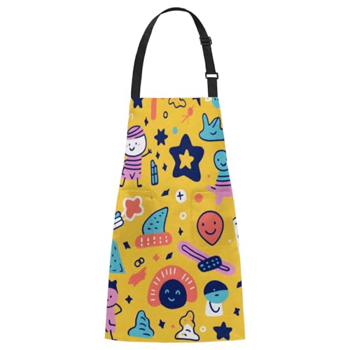 Aglebo Cartoon Hand Drawn Star Man Chef Apron with Pockets Adjustable Shoulder Strap Waterproof Cooking Apron for Kitchen Baking Gardening Pottery Painting