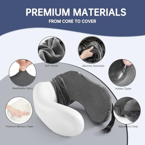 Image of Neck Pillow Travel Pillow - 100% Pure Memory Foam Airplane Pillow with Adjustable Clasp & Removable Cover, Portable Travel Essentials for Long Flights, Car & Office (Dark Gray, with Eye Mask)