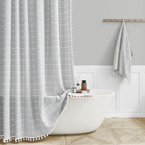BTTN Extra Wide Shower Curtain - 108x72 Inch Boho Farmhouse Fabric Weighted Linen Shower Curtain Set with 18 Hooks, Large Country Hotel Neutral Waterproof Cloth Shower Curtains for Bathroom, Grey/Gray by BTTN - Used condition - US$31.49