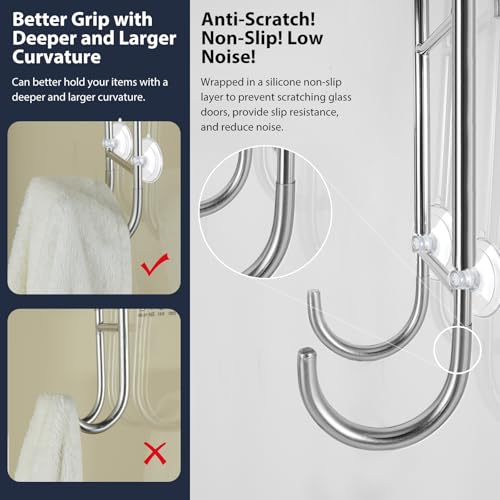 Shower Door Towel Hooks - 9\"~13\" Length Adjustable Hook for Framed & Frameless Over The Door Glass, Squeegee Holder, Towels Hanger for Bath Suits Rozer Robes Loofahs Shavers, 2-Pack Silver - Thumbnail 5