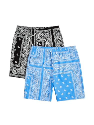 Floerns 2 Pack Mens Boho Drawstring Waist Paisley Print Summer Beach Shorts Black & Blue Paisley Medium