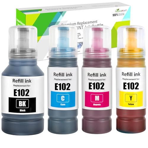 GREENPRINT 4Pack Régénéré E102 Bouteilles d'encre 7500 Pages Noir, 6000 Pages CMY pour ET-2700 ET-2750 ET-3700 ET-3750 ET-4750 ET-2751 ET-2756 ET-2850 ET-2851 ET-2856 ET-3850 ET-4850 ET-4856