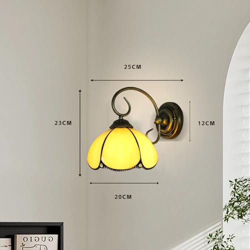 Image of 8 inch Vintage Stained Glass Wall Sconce Yellow Bending Shade Simple Wall Mounted Lamps for Bedroom Over Bed Hardwired Bathroom Lights Over Mirror Fixture with Plug Cord Switch Flower Design