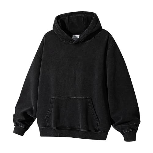 WOLF ZONE Unisex Acid Wash Hoodie Weighted Baggy Fall Clothes 100% Cotton sweatshirt for Adult & Teen Black S