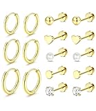 Incaton Pequeños aretes hipoalergénicos con parte trasera plana para mujeres y hombres, chapados en oro de 14 quilates, acero inoxidable quirúrgico, aretes pequeños para cartílago para orejas