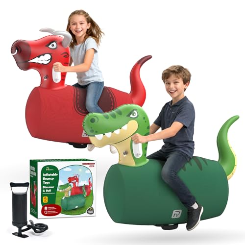 POVRYE 2 PCS Inflatable Bouncy Pals Dinosaur & Bull Hopper with Pump, Giant Ride-On Jumping Animals Toys, 220lbs Capacity, Indoor/Outdoor Bouncers for Kids Ages 5+, Fun Birthday Gift for Boys Girls