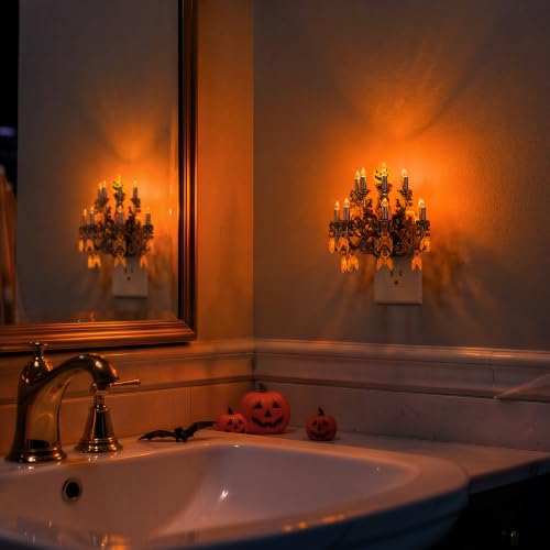 Image of Briignite Halloween Chandelier Night Lights Plug into Wall, Amber Flickering Flame LED Nightlight with Auto Light Sensor, 3-Level Dimmable, 180 Rotatable Plug, Halloween Decor for Bedroom Hallway