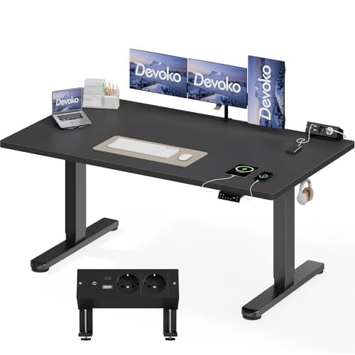 Devoko Höhenverstellbarer Schreibtisch 160x80cm, Dualmotor Elektrischer Stehschreibtisch mit 25mm Einteiliger Tischplatte, Touchscreen Steuerung, Computertisch mit Kabelmanagement & Steckdose