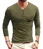 MLANM Mens Casual Slim Fit Basic Henley Long Sleeve Fashion Cotton T-Shirt Small, Army Green