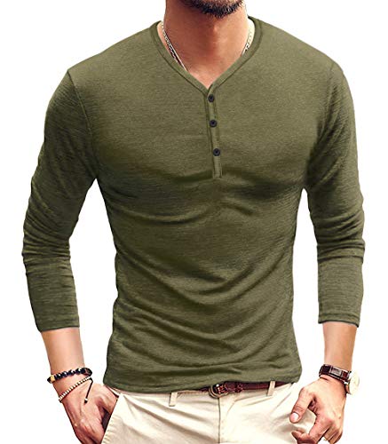 MLANM Mens Casual Slim Fit Basic Henley Long Sleeve Fashion Cotton T-Shirt Small, Army Green