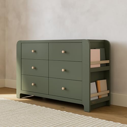 Image of Graco Read-with-Me 6 Drawer Dresser with Bookshelves (Olive with Driftwood) - GREENGUARD Gold Certified Storage for Baby and Kids Room, Interlocking Drawer System