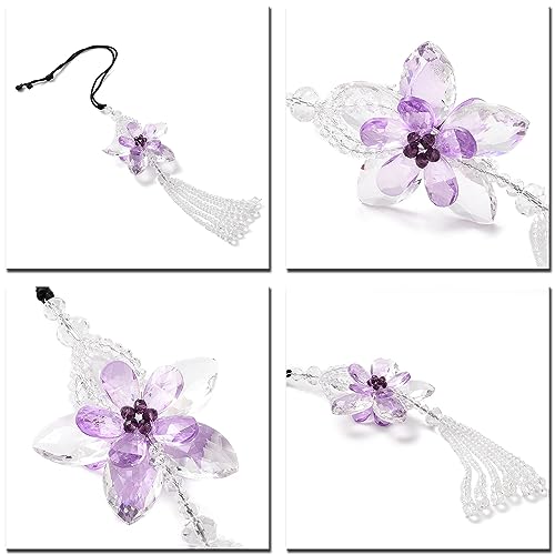 Image of Crystal Flower Car Rear View Mirror Pendant Suncatcher Ornament for Automotive Decoration Accessories Interior Rearview Mirror Hanging Charm, Purple
