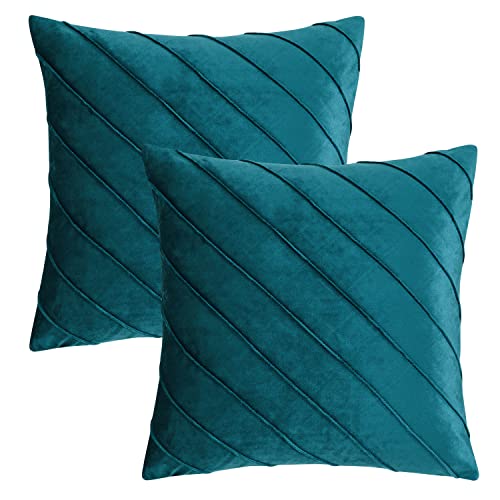 Image of GIGIZAZA Decorative Velvet Pillow Covers 16x16, Set of 2 Teal Green Sofa Couch Throw Pillows Covers Cases, Living Room Square Cushion Accent Stripe Covers