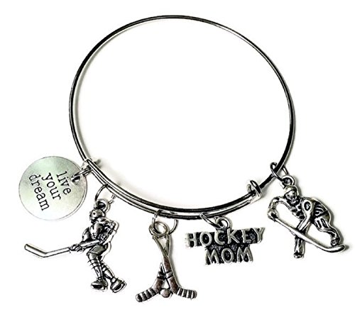 Image of Hockey Mom Bracelet, Hockey Bracelet, Hockey Jewelry, Hockey Stick Bracelet, Hockey Charm, Hockey Helmet Charm, Hockey Player Charm, Hockey Stick Charm, Gift for Hockey Fans, Hockey Bangle Bracelet